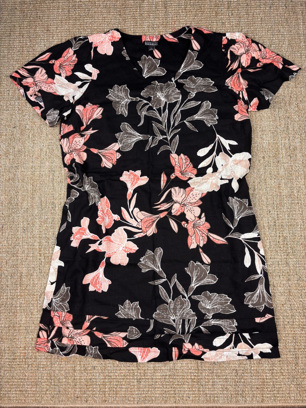 🌺 Nicole Miller Floral Linen Blend Shift Dress | Size L | Black Pink
